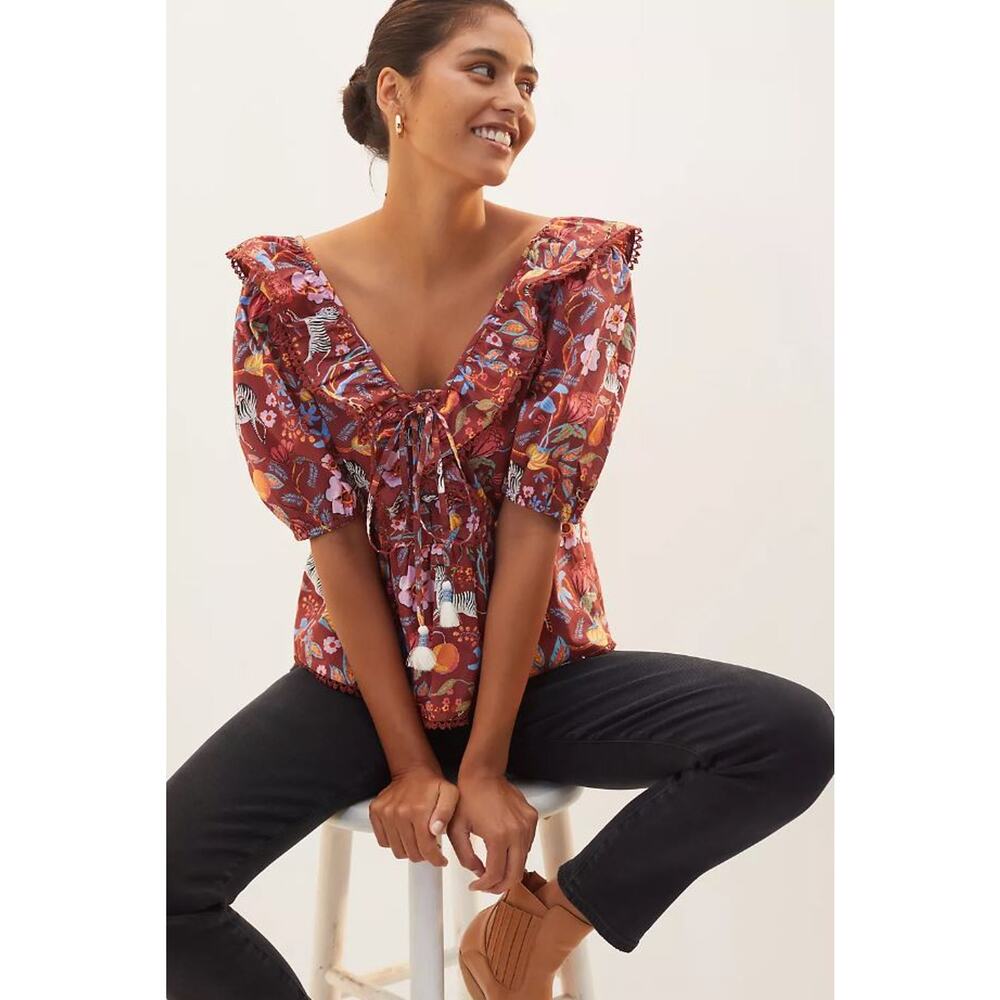 NWT! ANTHROPOLOGIE Maeve‎ Ruffled Tie-Front Blouse MEDIUM